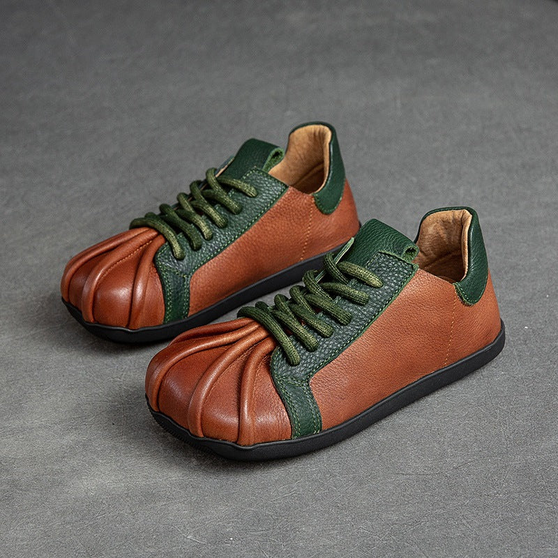 Women Retro Patchwork Leather Flat Casual Shoes-RAIIFY