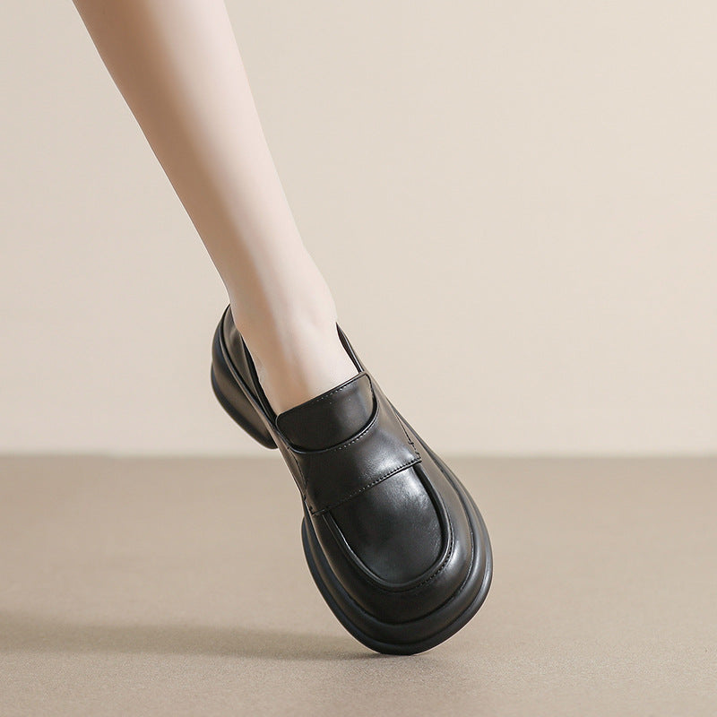 Women Retro Round Head Solid Lug Sole Loafers-RAIIFY