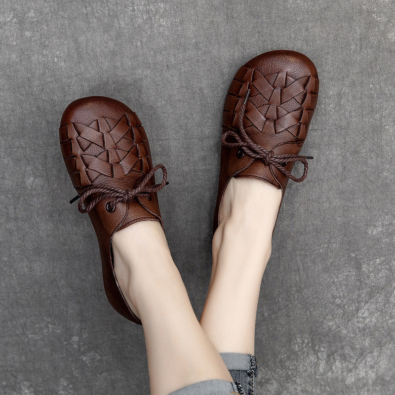 Women Retro Handmade Plaited Leather Flat Shoes-RAIIFY