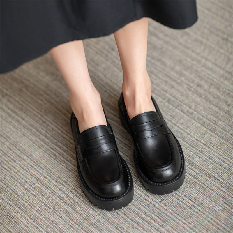 Women Retro Minimalist Thick Soled Leather Loafers-RAIIFY