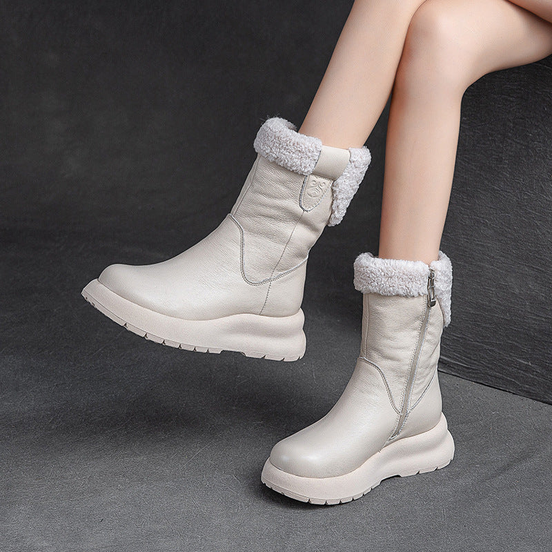 Women Retro Patchwork Leather Furred Snow Boots-RAIIFY