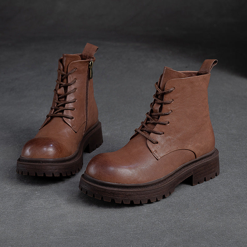 Women Retro Patchwork Leather Handmade Casual Boots-RAIIFY