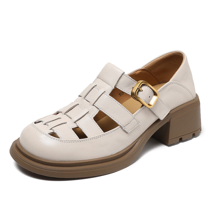 Women Summer Retro Leather Chunky Heel Sandals-RAIIFY