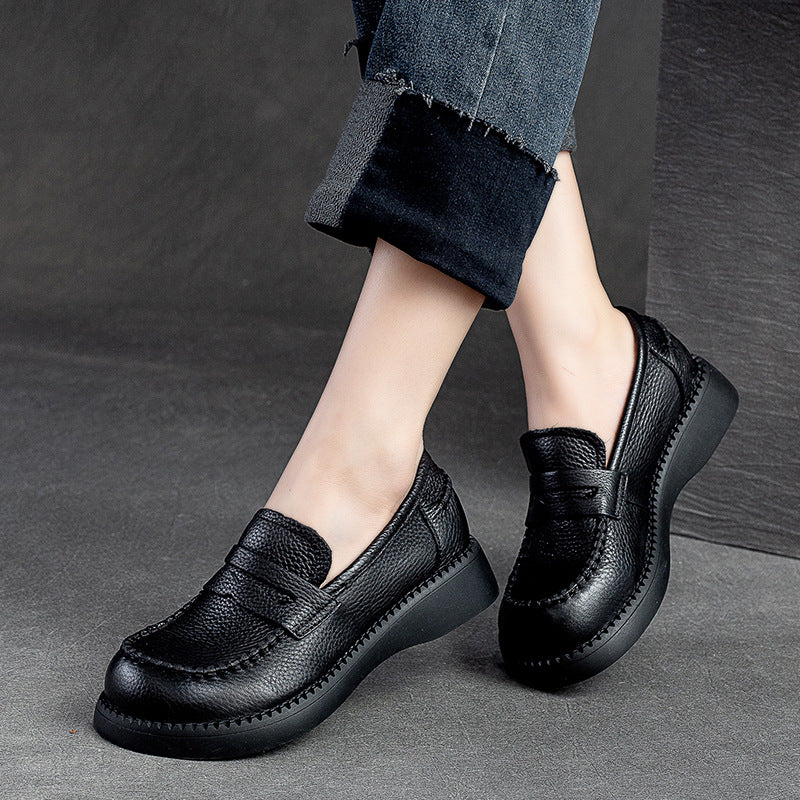 Women Retro Soft Solid Leather Flat Casual Loafers-RAIIFY