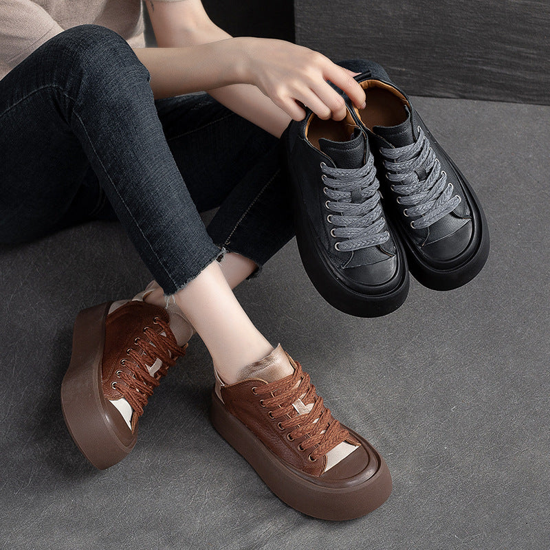 Women Retro Leather Thick Soled Casual Shoes-RAIIFY