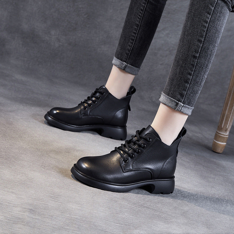 Women Minimalist Retro Leather Lace Up Ankle Boots-RAIIFY
