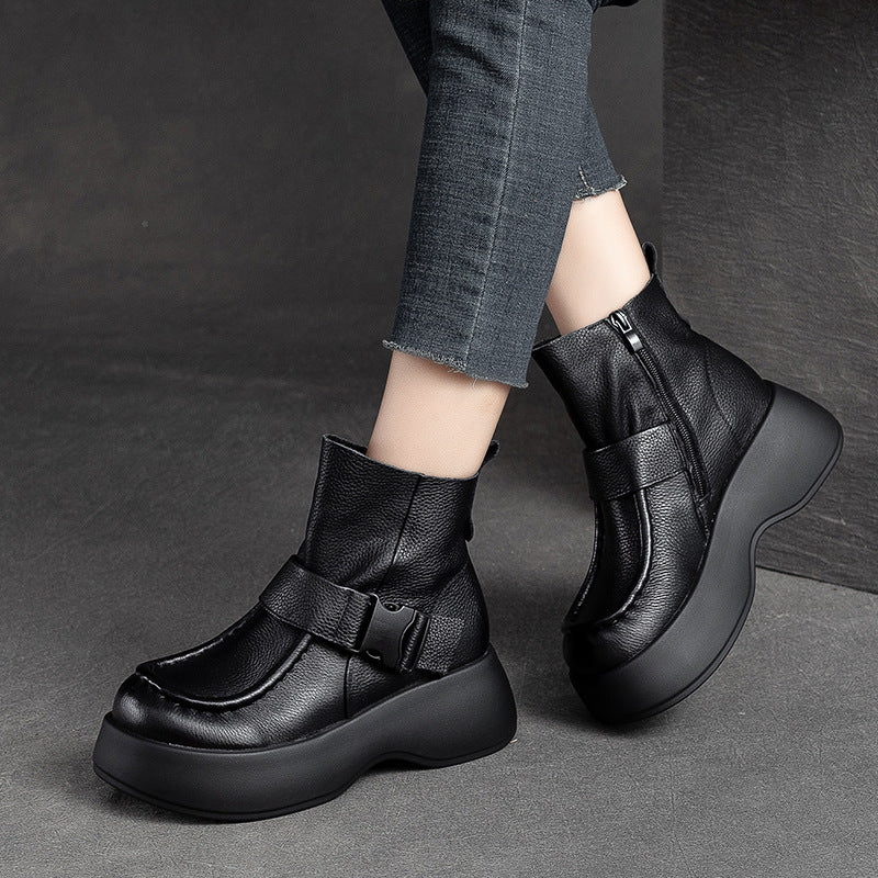 Women Retro Minimalist Leather Platform Boots-RAIIFY