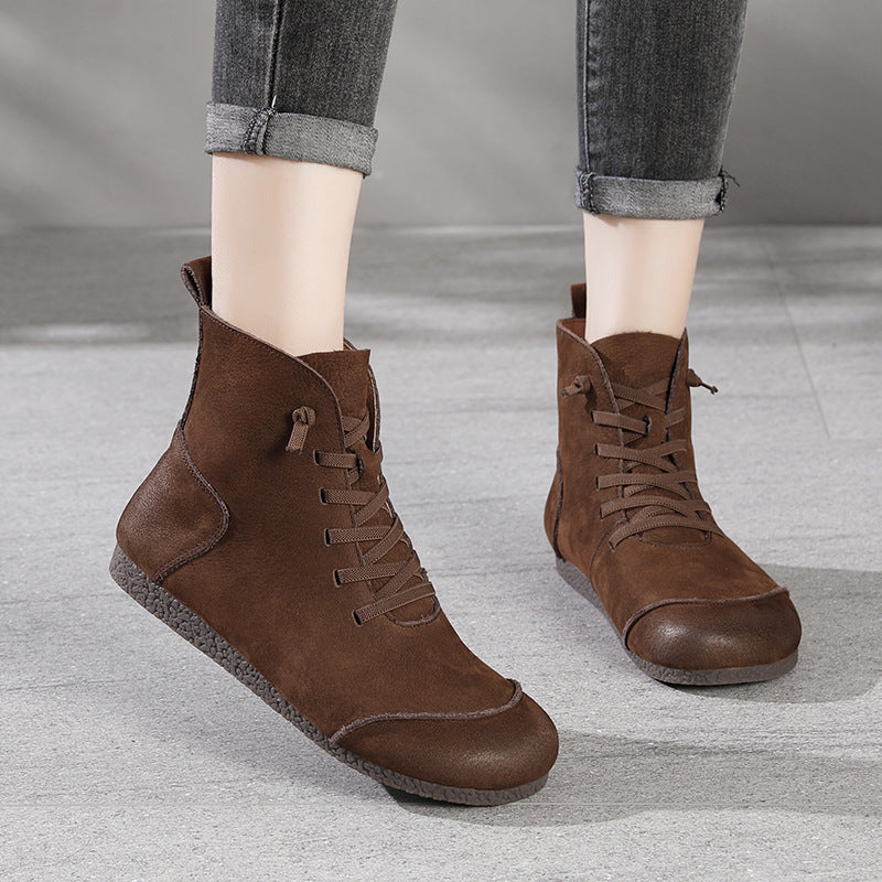 Women Retro Frosted Cowhide Patchwork Flat Boots-RAIIFY