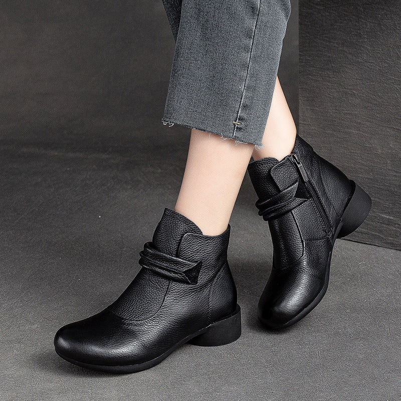 Women Retro Leather Low Heel Ankle Boots-RAIIFY