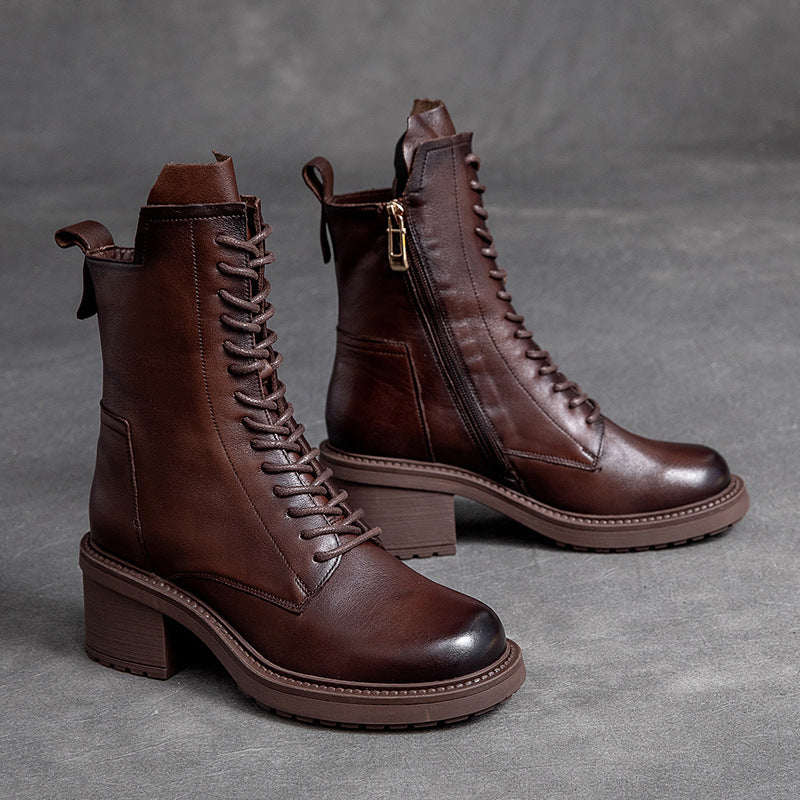 Women Retro Leather Zipper Wedge Boots-RAIIFY