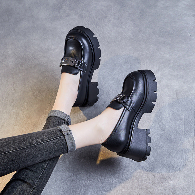Women Retro Casual Leather Chunky Platform Loafers-RAIIFY