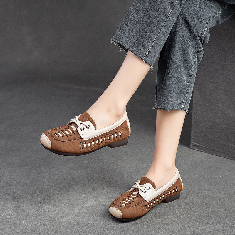 Women Hollow Breathable Leather Soft Flats-RAIIFY