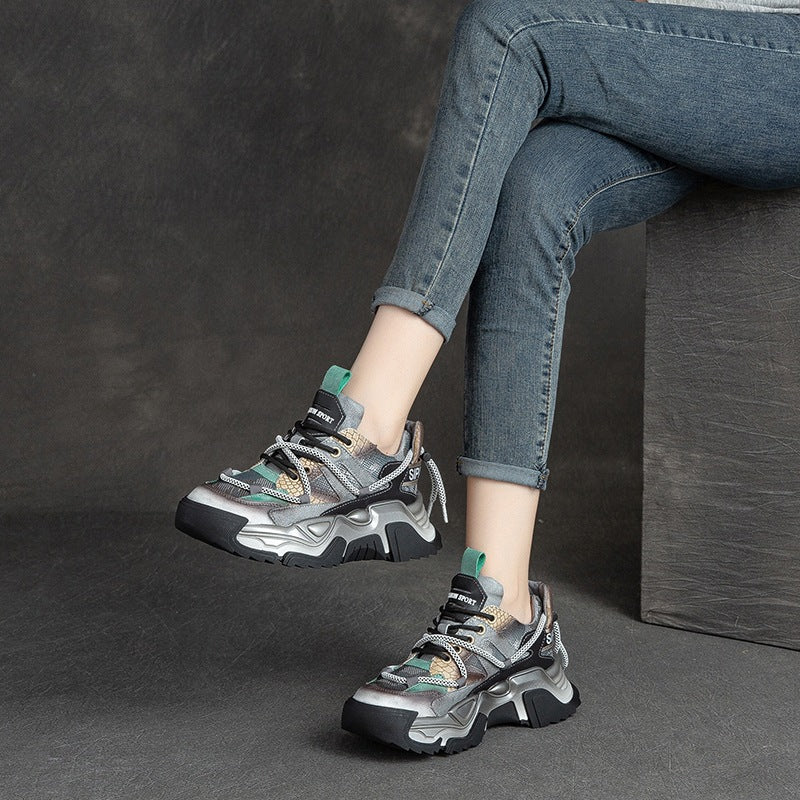 Women Retro Patchwork Fashion Leather Platform Dad Sneakers-RAIIFY