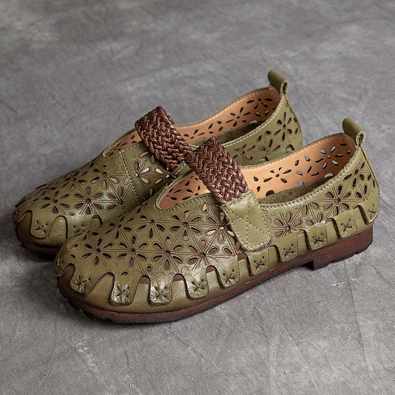 Women Summer Retro Soft Hollow Leather Flats-RAIIFY