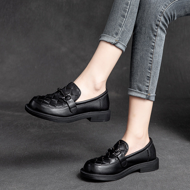 Women Retro Casual Handcraft Plaited Leather Loafers-RAIIFY