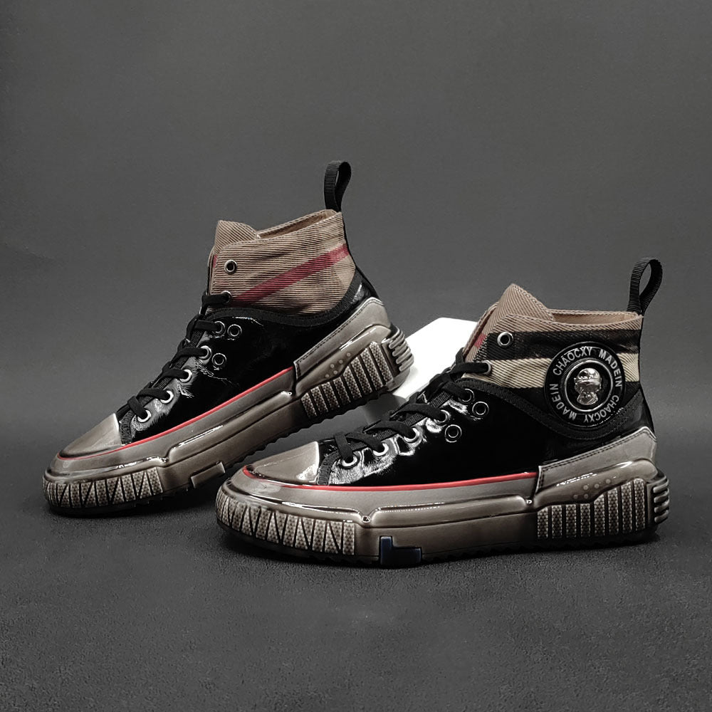 Men Stylish Glossy Leather Patchwork High Top Casual Shoes-RAIIFY