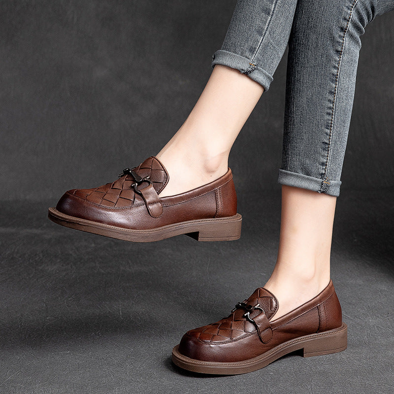 Women Retro Casual Handcraft Plaited Leather Loafers-RAIIFY