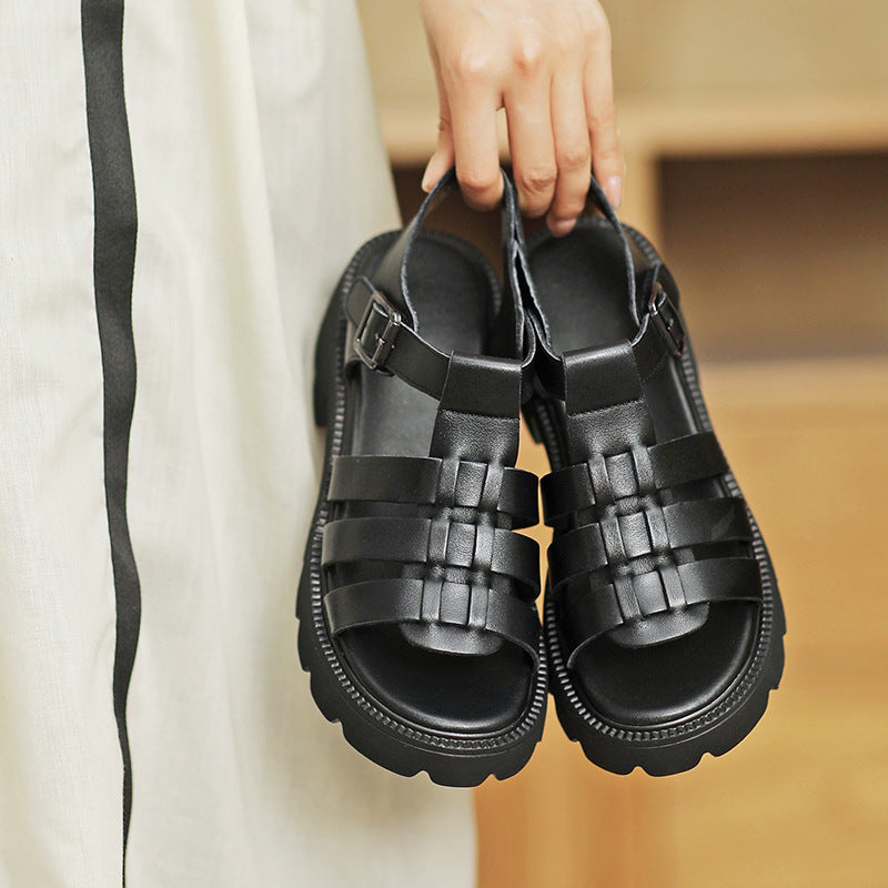 Women Summer Plaited Leather Lug Sole Sandals-RAIIFY