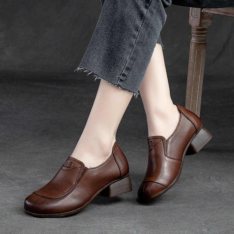 Women Retro Leather Chunky Heel Casual Shoes-RAIIFY