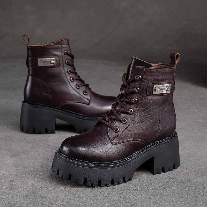 Women Leather Furred Chunky Platform Winter Boots-RAIIFY