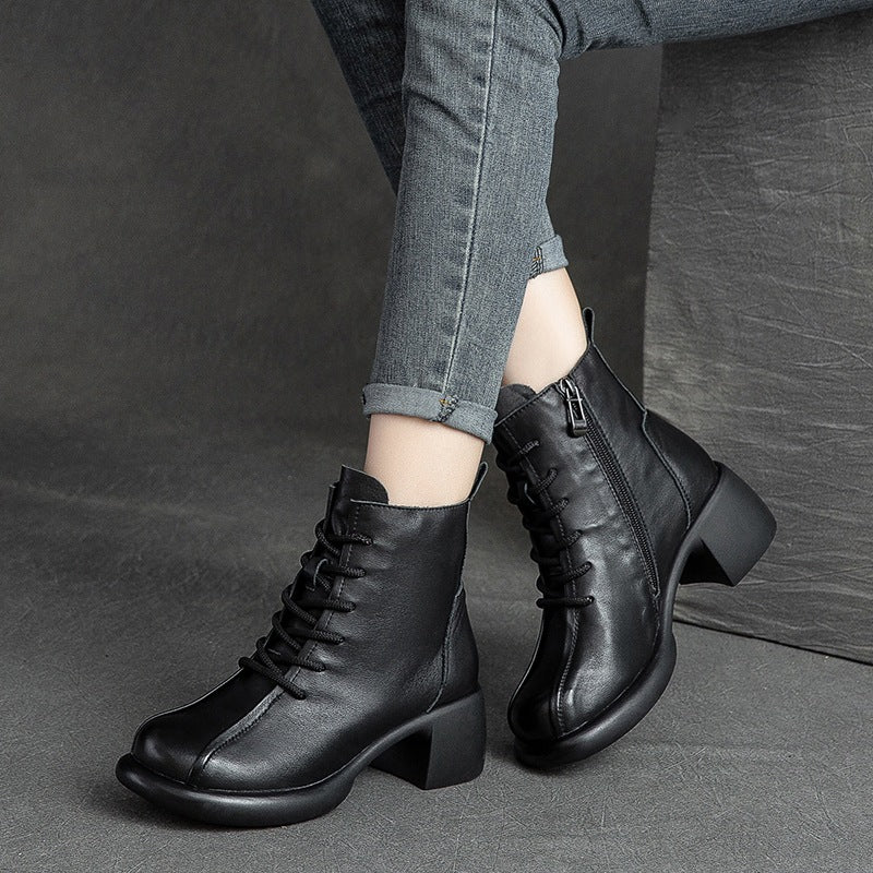 Women Retro Leather Chunky Heel Boots-RAIIFY