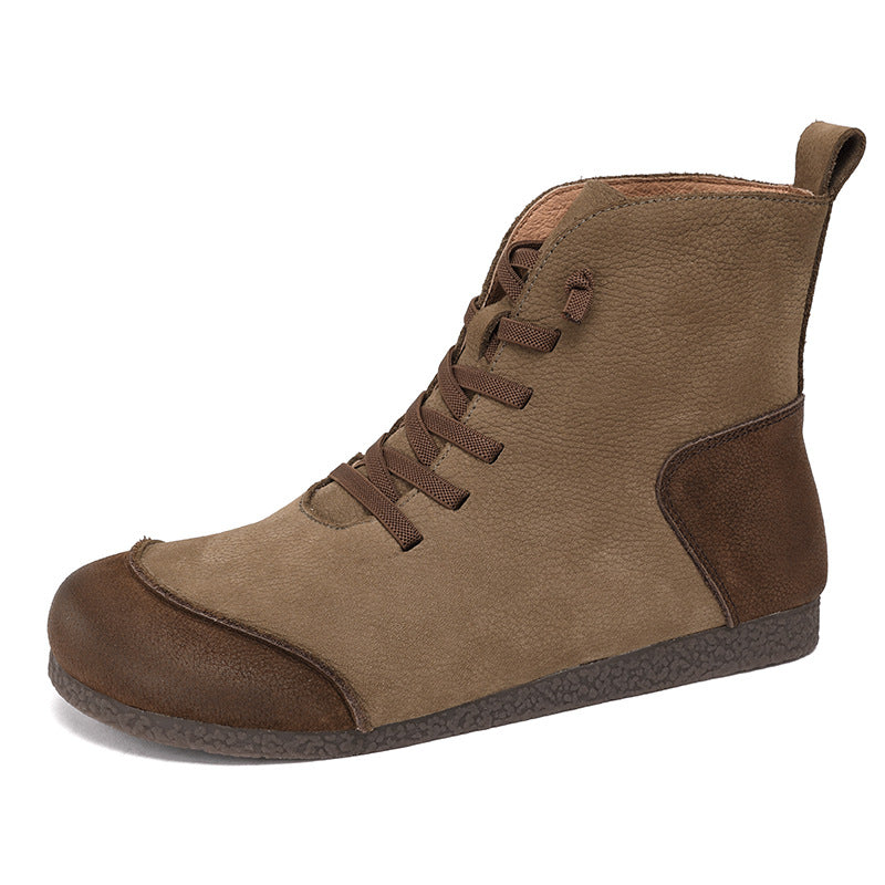 Women Retro Frosted Cowhide Patchwork Flat Boots-RAIIFY