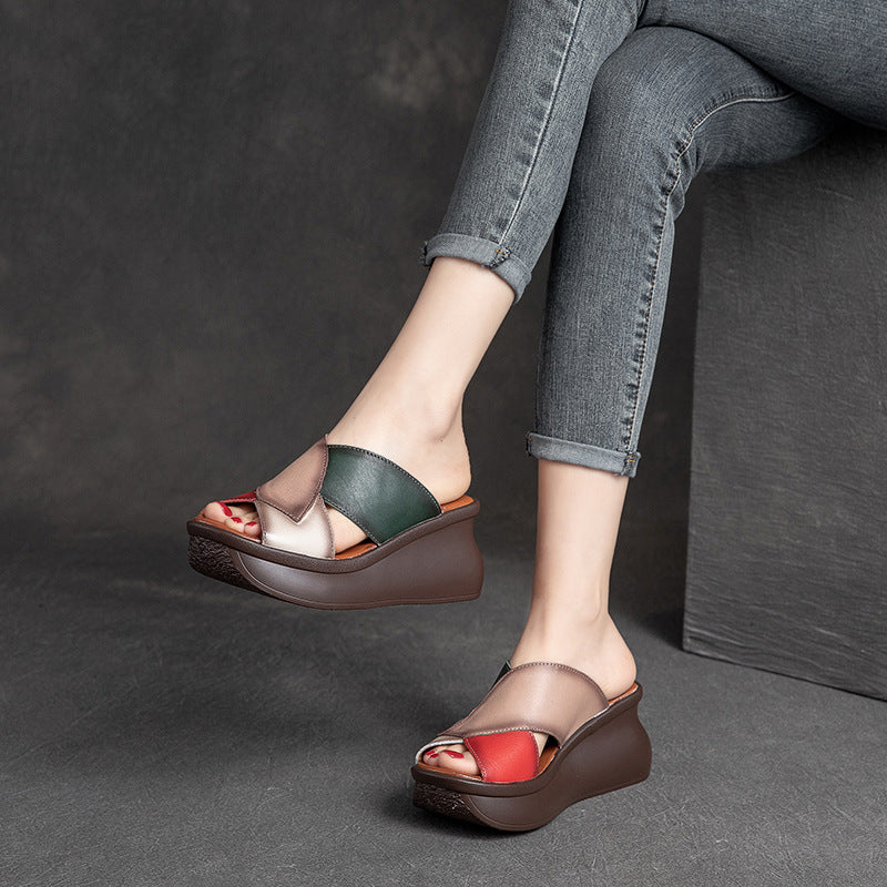 Women Summer Retro Leather Wedge Slide Sandals-RAIIFY