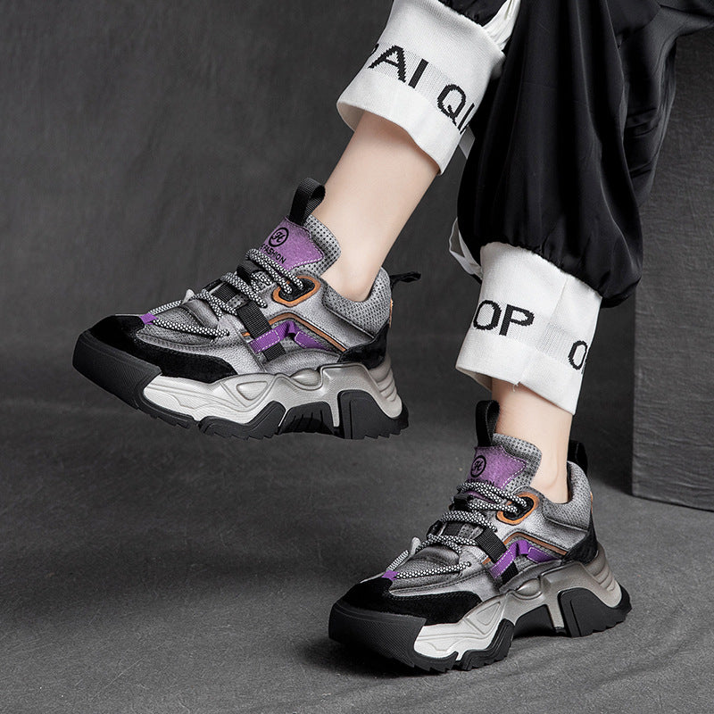Women Retro Patchwork Leather Thick Soled Dad Sneakers-RAIIFY