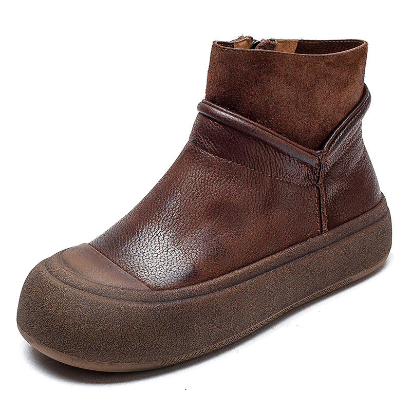 Women Retro Patchwork Leather Flat Ankle Boots-RAIIFY