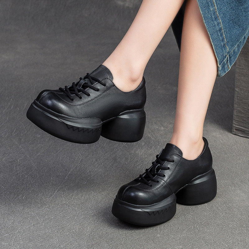 Women Minimalist Solid Leather Chunky Platform Casual Shoes-RAIIFY
