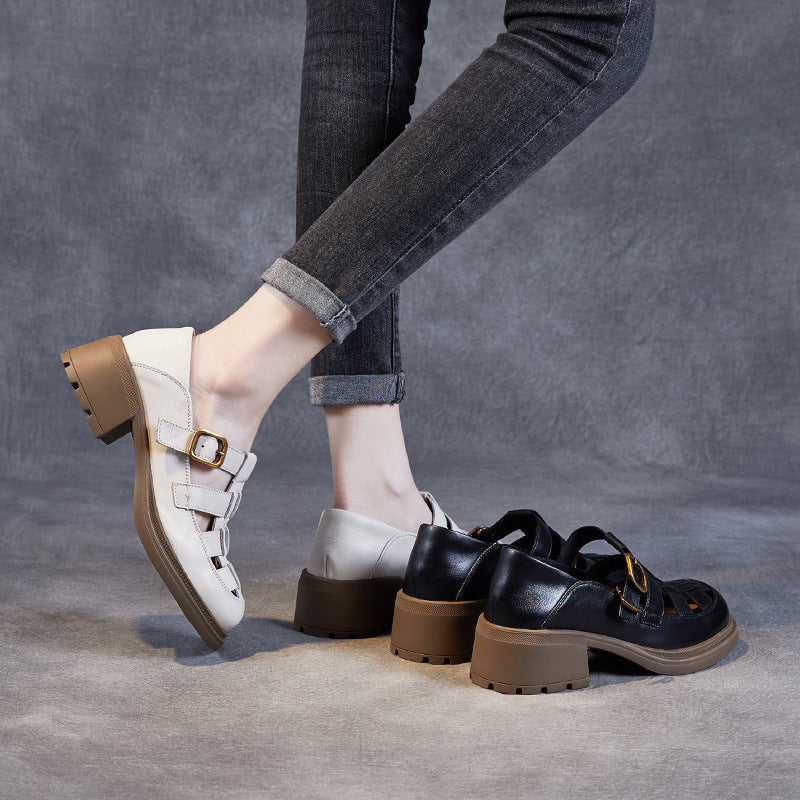 Women Summer Retro Leather Chunky Heel Sandals-RAIIFY