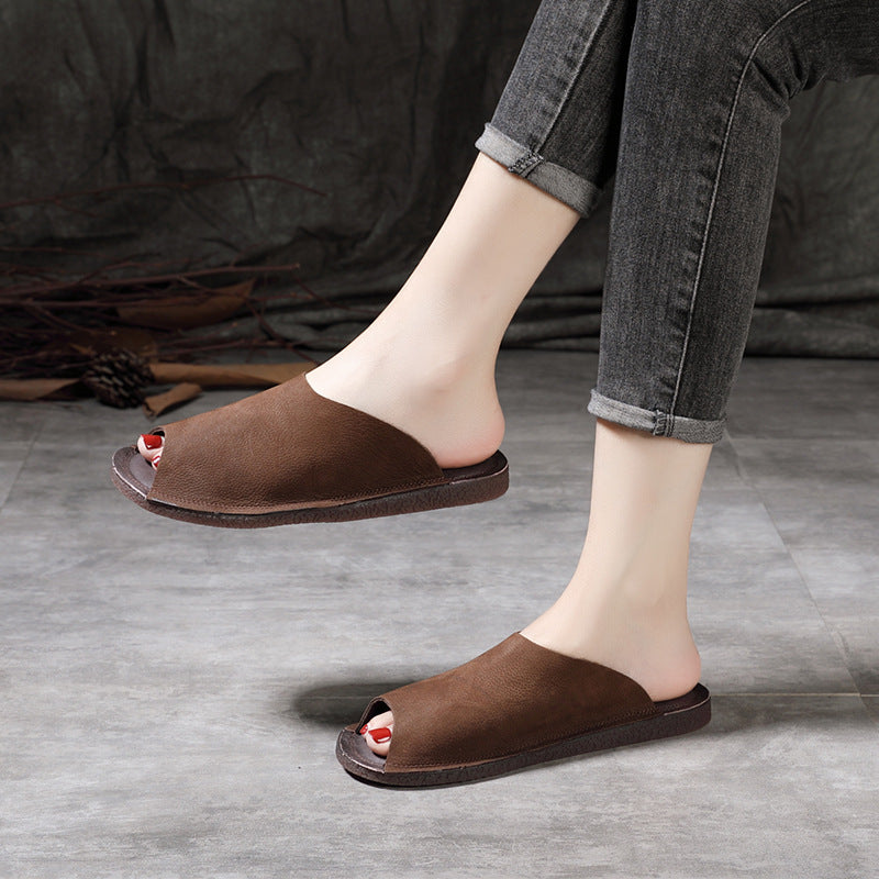 Women Retro Soft Cowhide Summer Flat Slides-RAIIFY