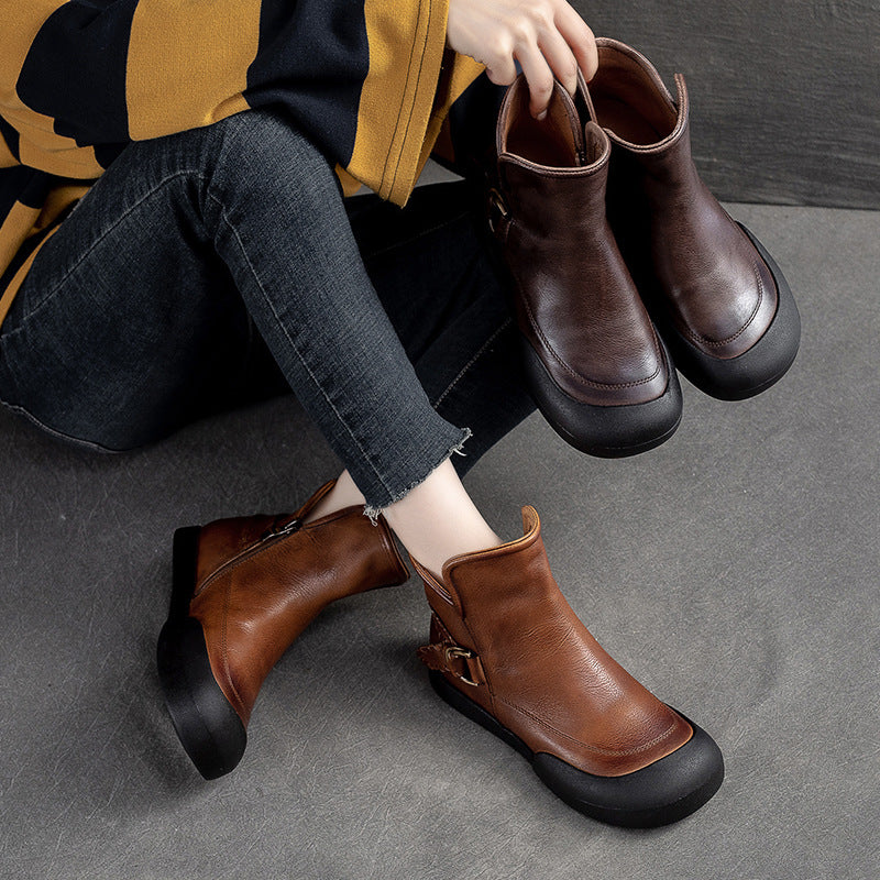 Women Retro Minimalist Leather Flat Casual Ankle Boots-RAIIFY
