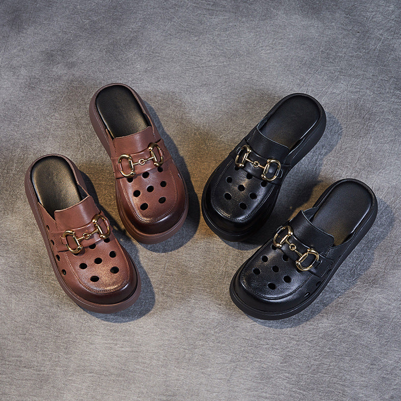 Women Summer Hollow Leather Platform Mules-RAIIFY