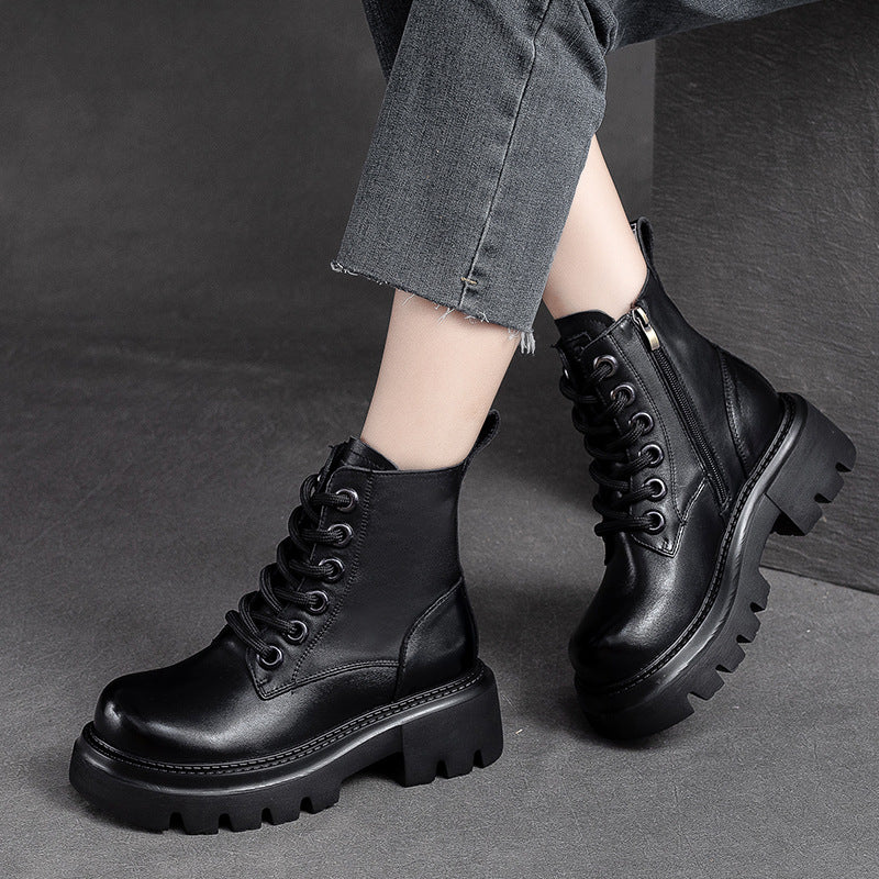 Women Retro Minimalist Classic Leather Lug Sole Boots-RAIIFY