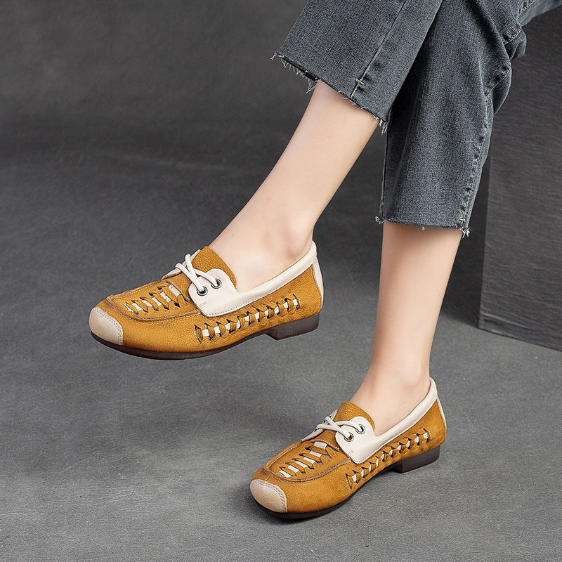 Women Hollow Breathable Leather Soft Flats-RAIIFY