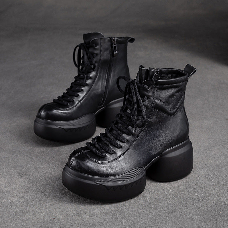 Women Retro Leather Casual Chunky Heel Boots-RAIIFY