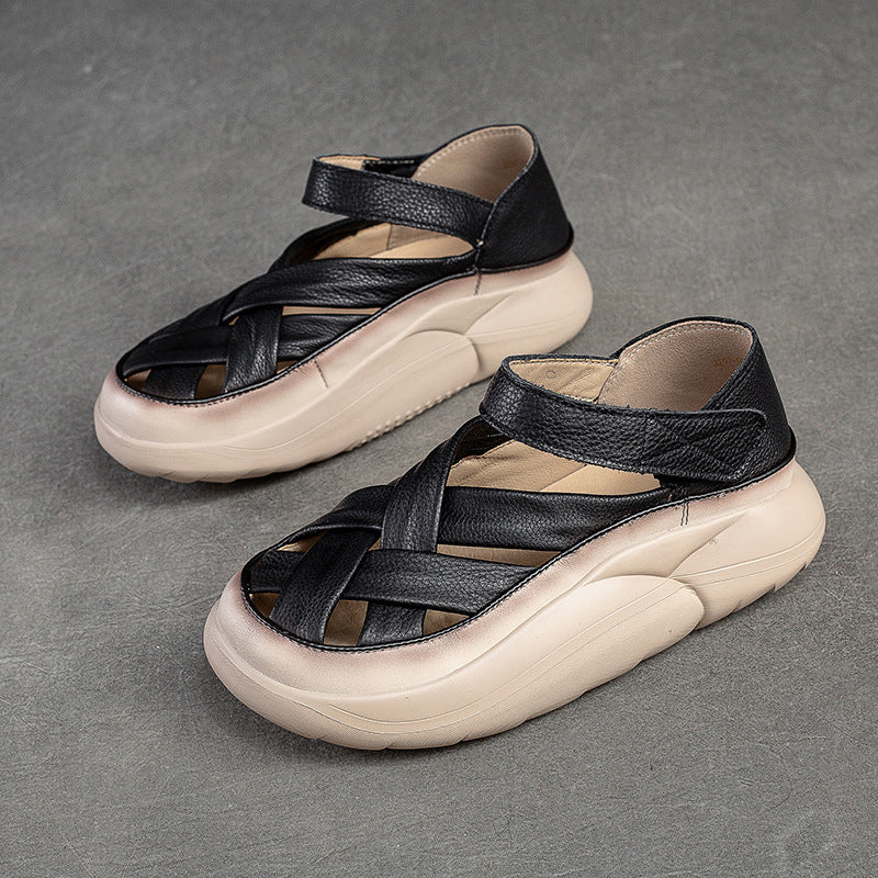 Women Casual Plaited Leather Thick Soled Sandals-RAIIFY