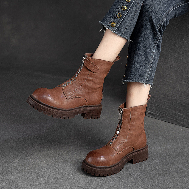 Women Retro Casual Font Zipper Leather Boots-RAIIFY