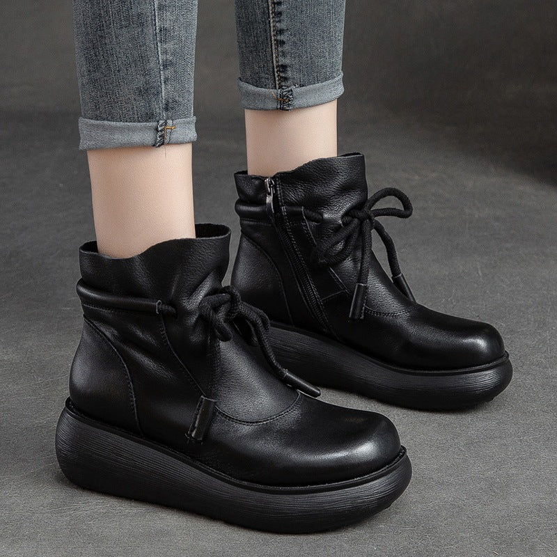 Women Retro Leather Minimalist Chunky Platform Boots-RAIIFY