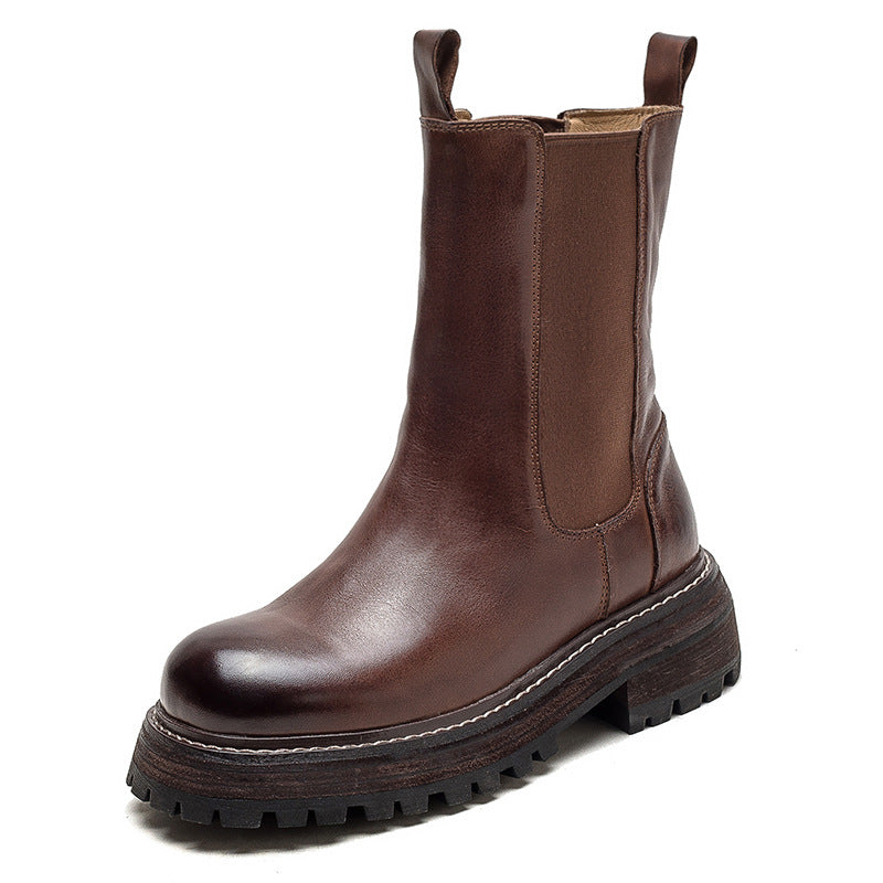 Women Retro Minimalist Leather Mid-Calf Boots-RAIIFY