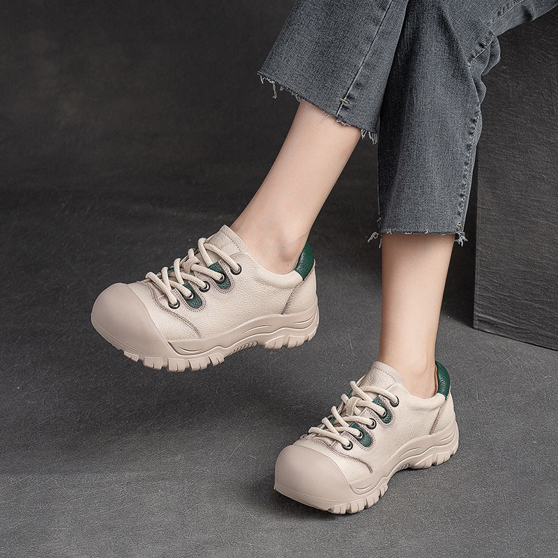 Women Retro Minimalist Leather Round Head Casual Shoes-RAIIFY