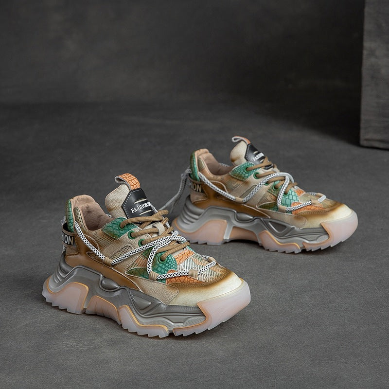 Women Retro Patchwork Fashion Leather Platform Dad Sneakers-RAIIFY