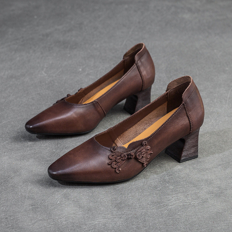 Women Retro Leather Point Toe Chunky Heel Pumps-RAIIFY
