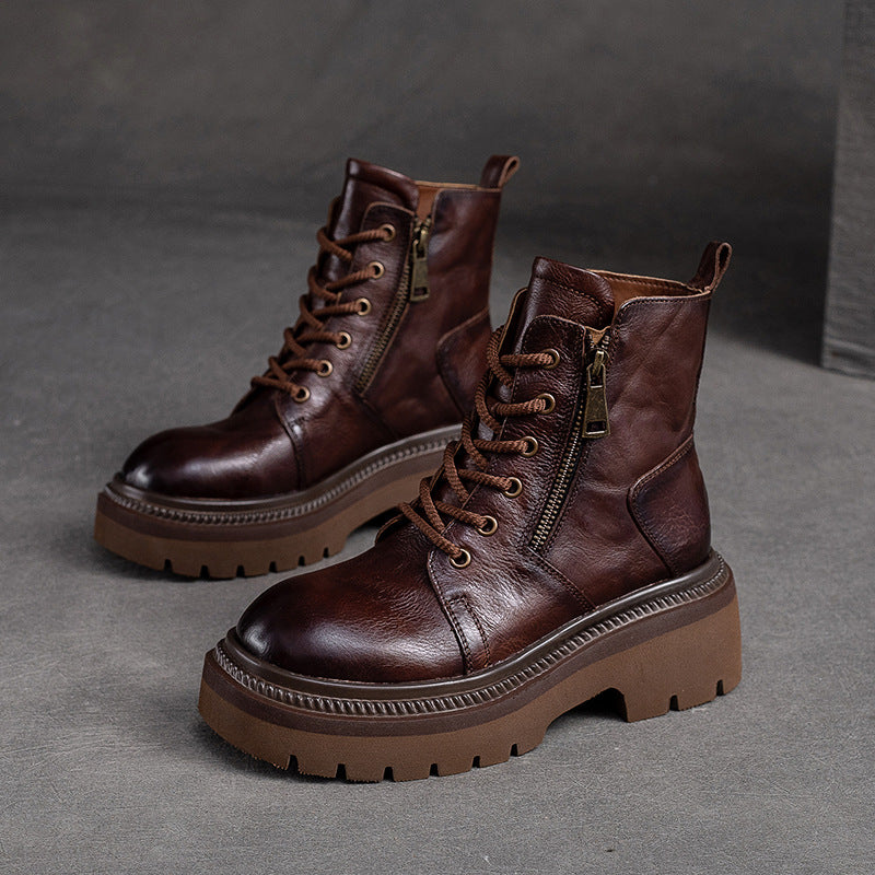 Women Retro Patchwork Leather Platform Boots-RAIIFY