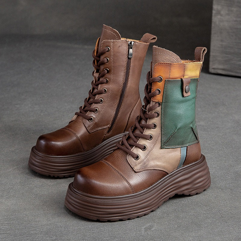 Women Retro Patchwork Leather Platform Combat Boots-RAIIFY