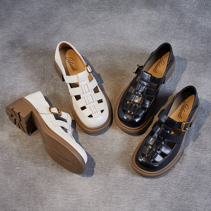 Women Summer Retro Leather Chunky Heel Sandals-RAIIFY