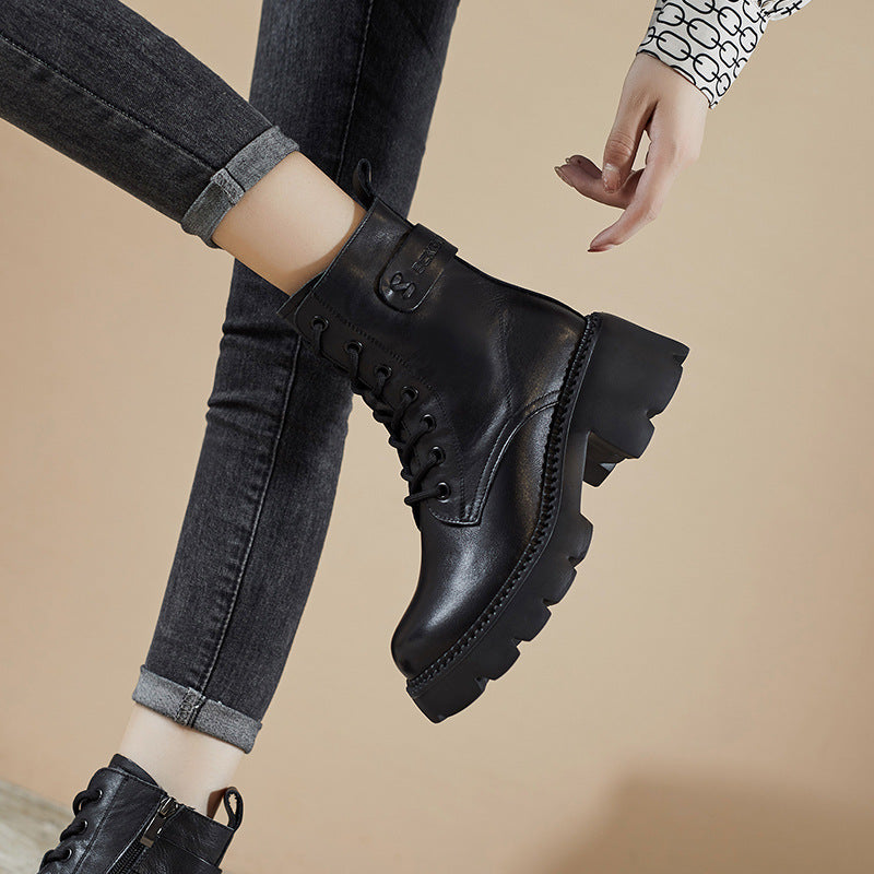 Women Retro Soft Leather Chunky Heel Boots-RAIIFY