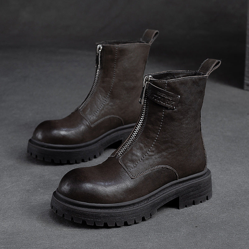 Women Retro Casual Font Zipper Leather Boots-RAIIFY