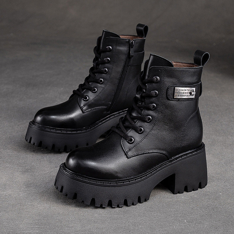 Women Leather Furred Chunky Platform Winter Boots-RAIIFY